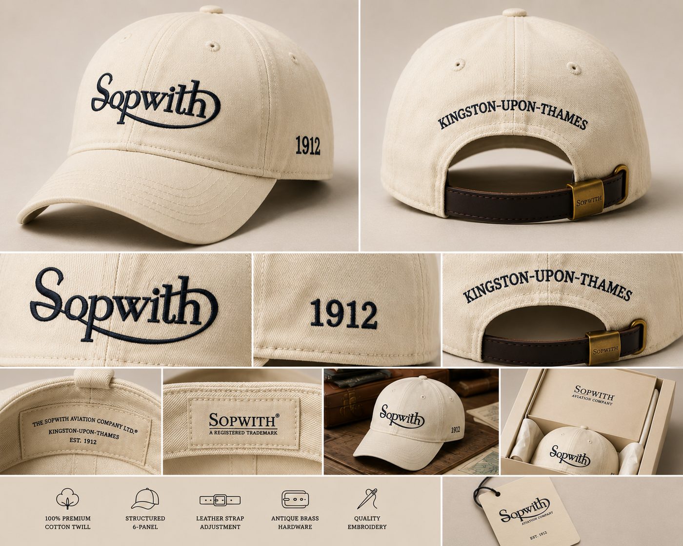 Sopwith cream cotton twill cap with leather strap