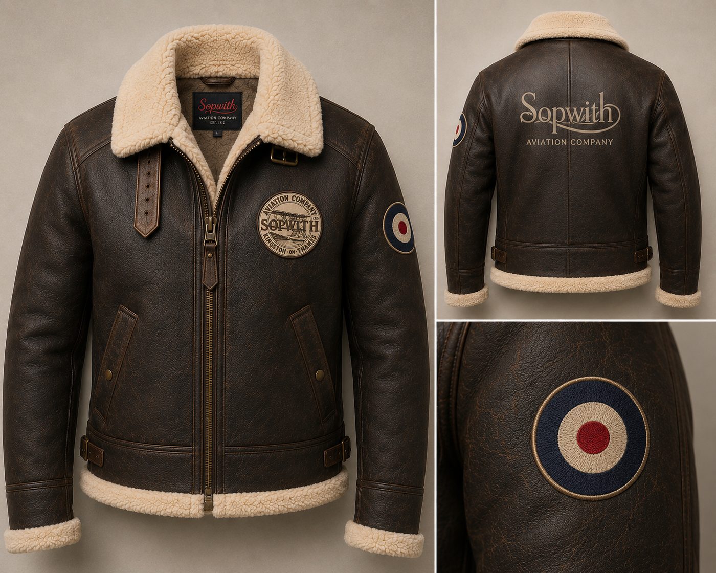 Sopwith brown shearling flight jacket with roundel
