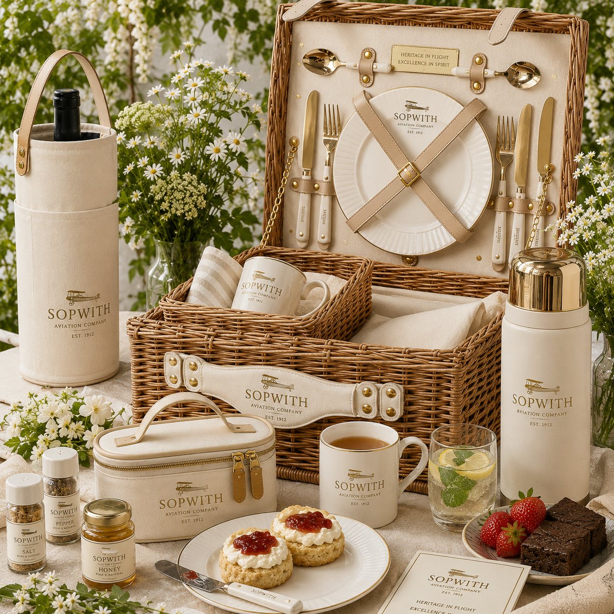 The Sopwith hamper opened — crockery, cutlery, flask, condiments and wine carrier